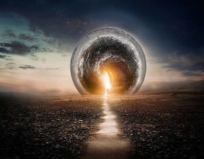 Glowing door is a portal to another world. Mysterious door with glowing light, AI generated