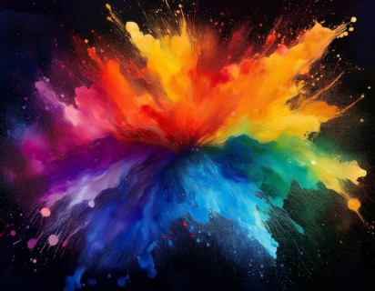 Colorful abstract art depicting a vibrant explosion of rainbow hues on a dark background, evoking