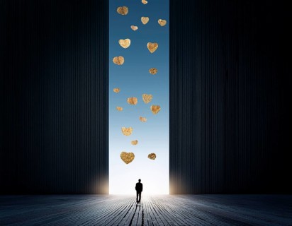 A striking artistic scene depicting a silhouette of a person beneath a vertical column of floating