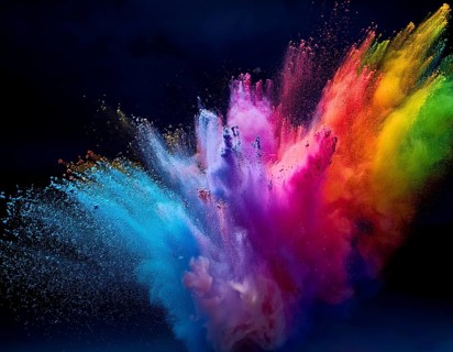 A colorful explosion powder on black background.. Multicolored powder explosion, AI generated