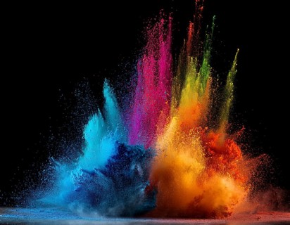 A colorful explosion powder on black background.. Multicolored powder explosion, AI generated