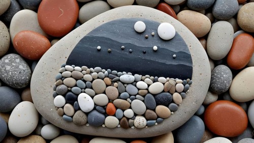 Artistic representation of a tree and scenic ocean view crafted using colorful pebbles on smooth