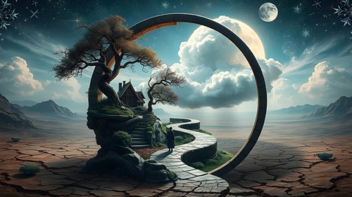 A captivating artwork depicting a circular portal revealing a dreamy world with treehouses, lush