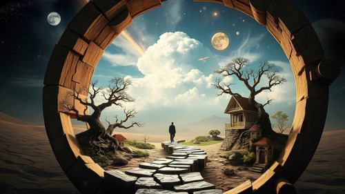 A captivating artwork depicting a circular portal revealing a dreamy world with treehouses, lush