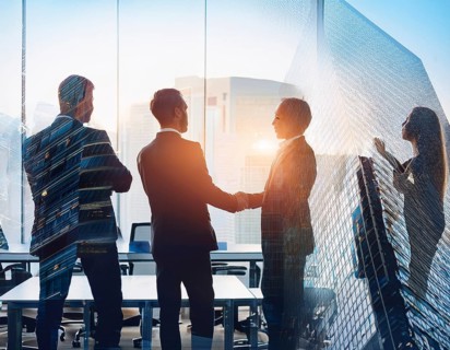 Double exposure image of business people with a modern city. Concept of teamwork, AI generated