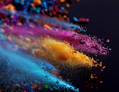 A colorful explosion powder on black background.. Multicolored powder explosion, AI generated