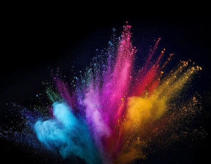 A colorful explosion powder on black background.. Multicolored powder explosion, AI generated