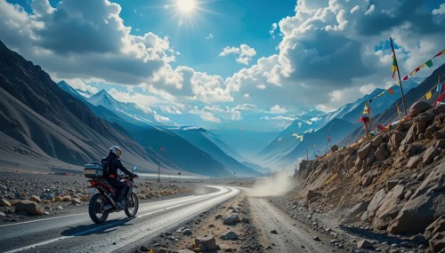 A motorcyclist is seen riding on a winding road through a majestic mountain valley, with prayer