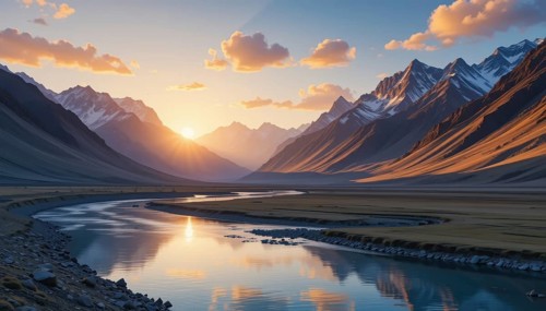 A breathtaking view of a river winding through a valley, framed by majestic mountains and a vibrant