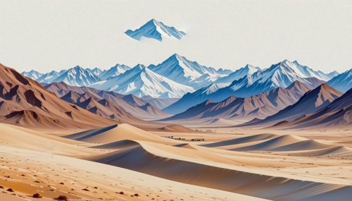 An artistic depiction of a desert scene, featuring rolling sand dunes, distant mountains, and a