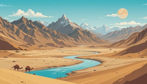 A serene desert landscape painting depicts a river winding through the valley, with mountains and