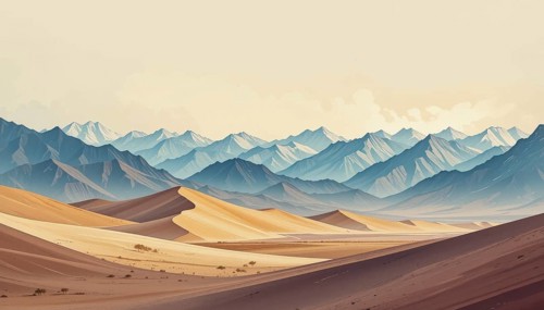 This artwork showcases a stunning desert scene with rolling sand dunes and a backdrop of layered,