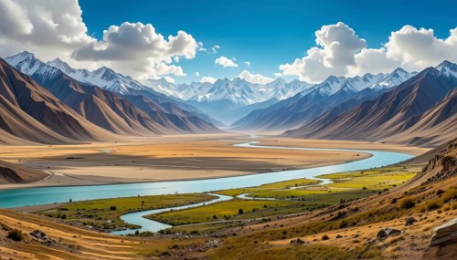 A stunning vista of a river snaking through a valley, framed by majestic mountains under a bright