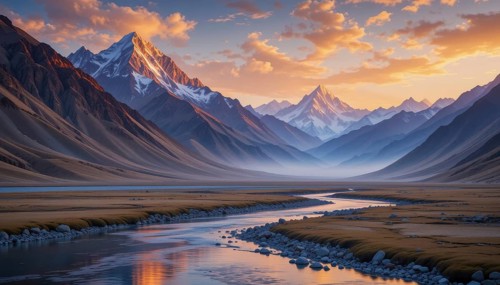 The sun sets over a stunning mountain range, casting a warm glow on the snow-capped peaks and a