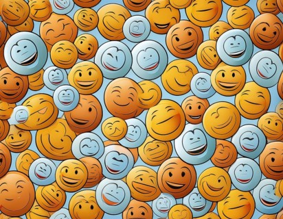 Colorful illustration featuring a seamless pattern of cheerful smiley faces on a blue surface,