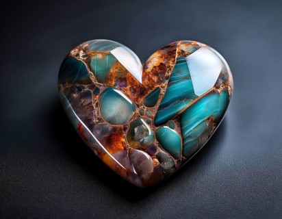 A heart-shaped gemstone with vivid colors placed on a textured surface, capturing an elegant and