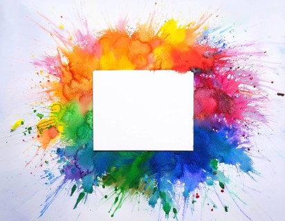 Vibrant watercolor splash in rainbow hues framing a oval white blank circle, perfect for creative