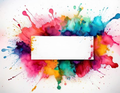 Vibrant watercolor splash in rainbow hues framing a oval white blank circle, perfect for creative