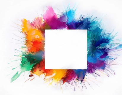 Vibrant watercolor splash in rainbow hues framing a oval white blank circle, perfect for creative