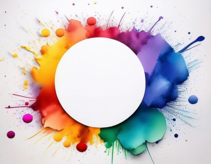Vibrant watercolor splash in rainbow hues framing a central white blank circle, perfect for