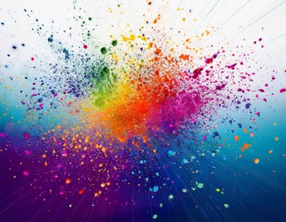 Vibrant and energetic multicolored powder explosion captured against awhite background. Evoking