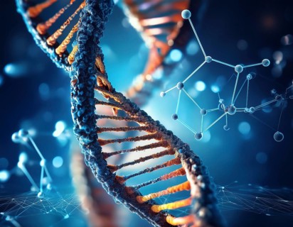 Colorful depiction of a DNA strand, highlighting molecular connections and biology insights,