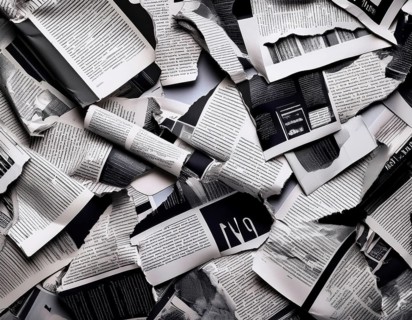 A collage of torn black-and-white newspaper and magazine pages creates a detailed and artistic