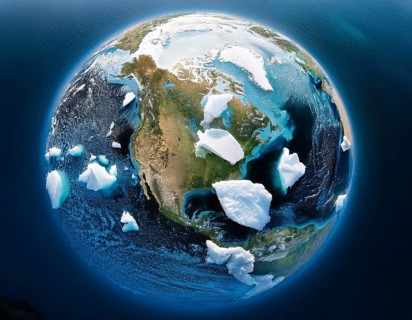 A symbolic depiction of Earth submerged in ocean water amidst melting ice, emphasizing climate