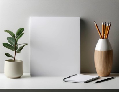 A clean, organized workspace featuring decorative objects, a white blank canvas, greenery, and