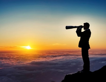 Businessman Standing on Mountain Peak Observing Horizon with Telescope, AI generated