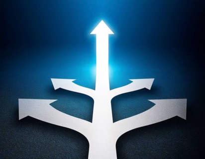 A bold blue arrow pointing upward, surrounded by four silver arrows. Represents leadership,