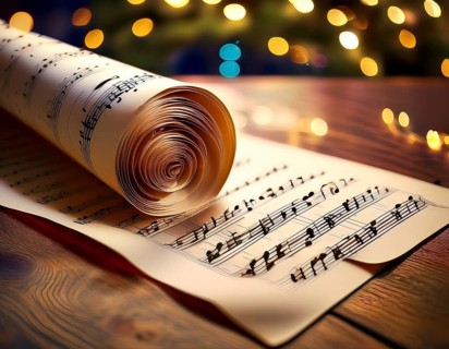 A close-up image of rolled sheet music placed on a rustic surface, highlighted by a warm bokeh