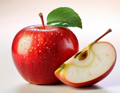 Close-up of a vibrant red apple with a green leaf and a sliced half, showcasing its glossy texture