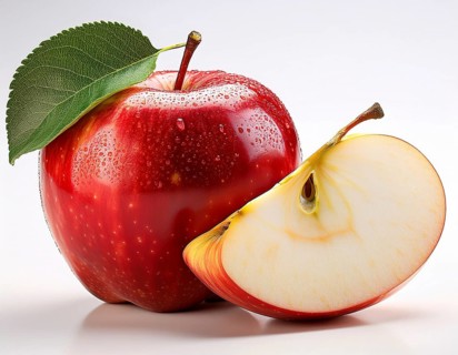Close-up of a vibrant red apple with a green leaf and a sliced half, showcasing its glossy texture