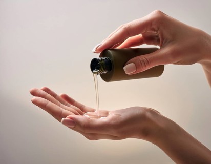 A close-up view of hands pouring a creamy lotion from a bottle into a palm. The scene emphasizes