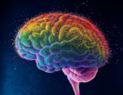 Vivid artistic interpretation of a human brain featuring a spectrum of colors and dotted patterns.