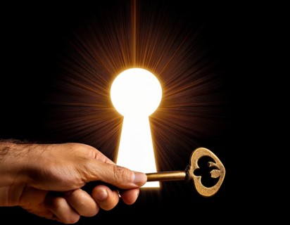 A hand holds an antique key, leading to a bright light in a keyhole shape, symbolizing opportunity,
