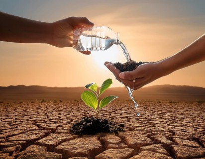 A close-up of hands nurturing a young plant by pouring water, symbolizing hope, growth, and