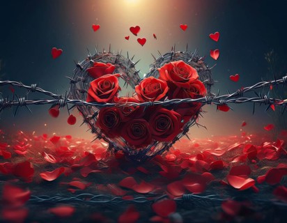A symbolic depiction of a red heart entwined in barbed wire, embodying themes of emotional conflict