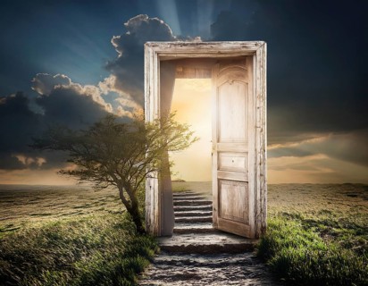 Glowing door is a portal to another world. Mysterious door with glowing light, AI generated