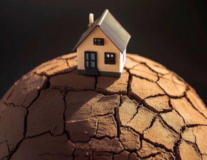 A miniature house and bare tree on cracked soil with a vivid orange sunset, symbolizing