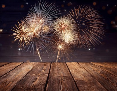 Elegant Fireworks Display Over Wooden Deck During Night Celebration, AI generated