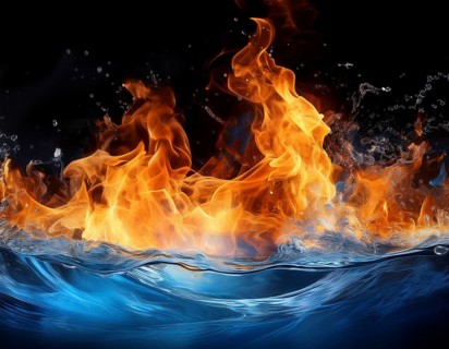 Fiery Flames and Splashing Water Collision on Black Background, AI generated