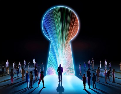 A vast group of people color light trails walking towards a glowing light keyhole in a symbolic