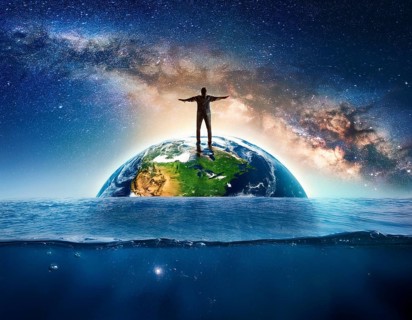 A symbolic depiction of Earth submerged in ocean water amidst melting ice, emphasizing climate