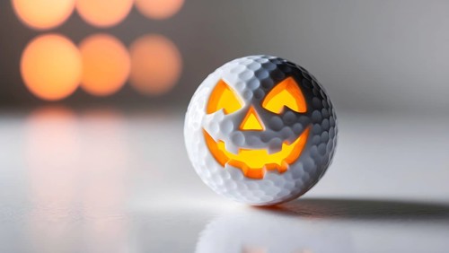 A creatively designed golf ball with a carved, glowing from within with a warm orange light