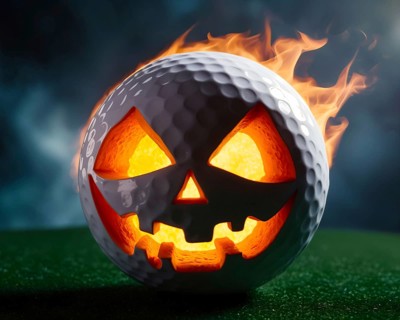 Close up of a burning golf ball styled as a jack-o'-lantern in fire with flames on a grass surface,