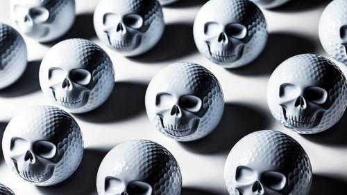 Golf balls with skull designs arranged in a pattern, casting shadows, creating an eerie atmosphere,