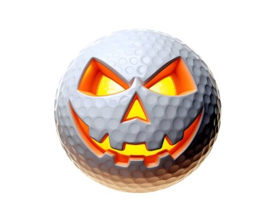 Jack-o-lantern golf ball with carved evil face with glowing orange light inside, for Halloween