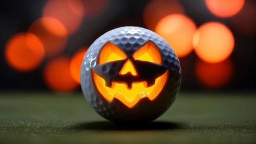 Glowing carved jack o lantern golf ball on Halloween night at golf course with festive lights in